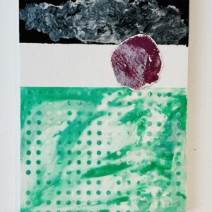 A bold portrait rectangle featuring blocks of colour and patterns. Featuring black, green, white and a plum purple circle