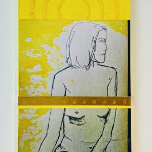 Large yellow and white canvass by Zoe Haith. features the drawing of a naked posed women, on a large canvass, featuring bright yellow and white designs on the background.