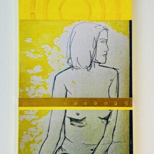 Large yellow and white canvass by Zoe Haith. features the drawing of a naked posed women, on a large canvass, featuring bright yellow and white designs on the background.