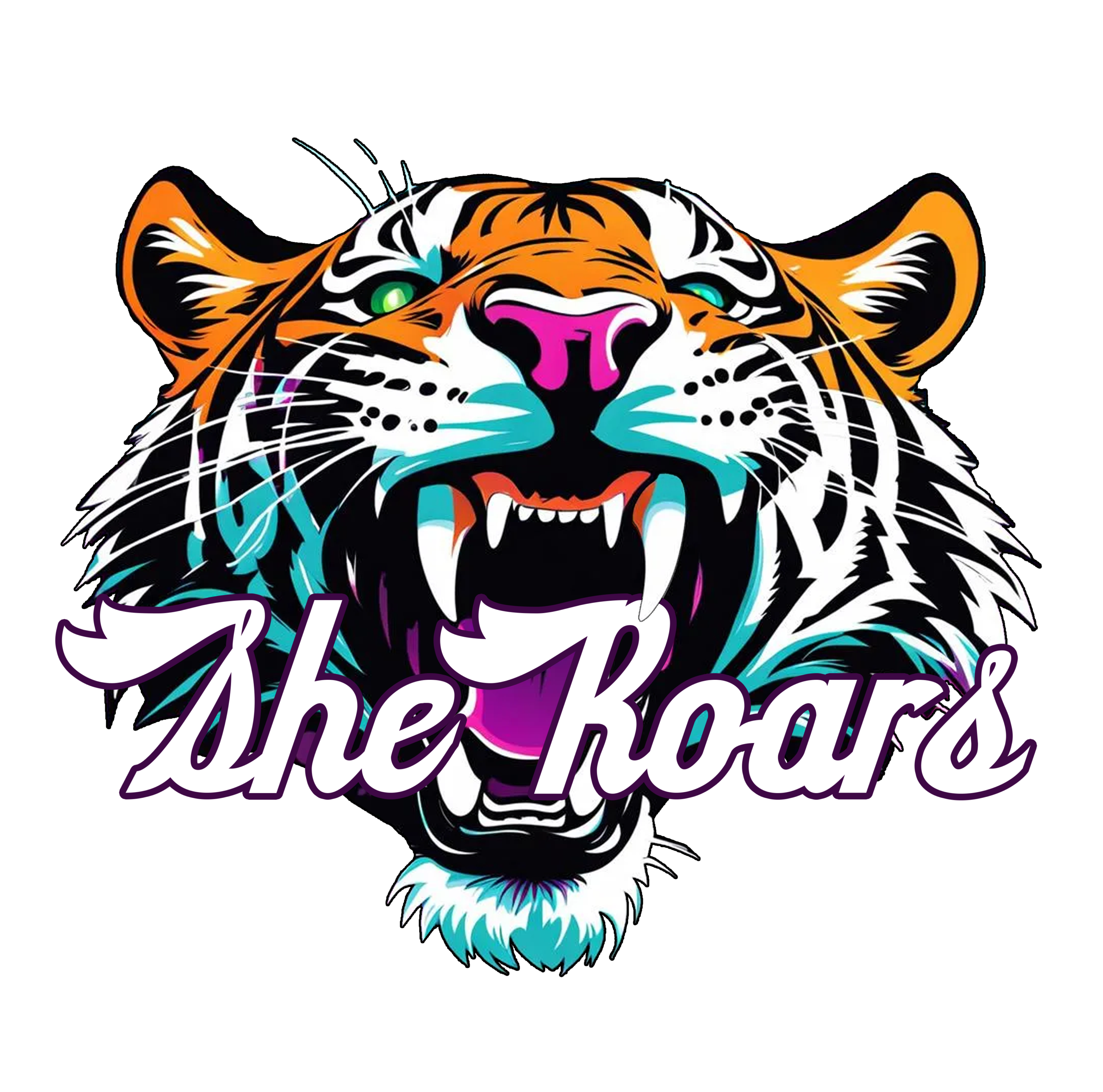 SheRoars Marketing and SheRoars in Business logo featuring Roary the tigress, roaring with her mouth open, the with word SheRoars running through its mouth. Drawn in a bold poster paint style